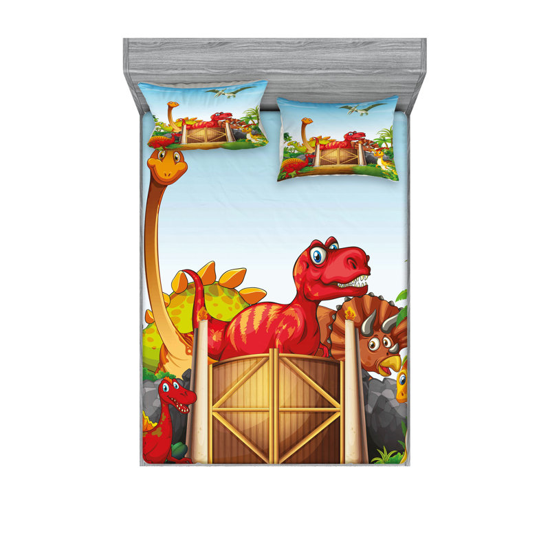Multicolore ensemble de draps et taies décoratives Ambesonne Dino, Ensemble de draps pour très grand lit californien