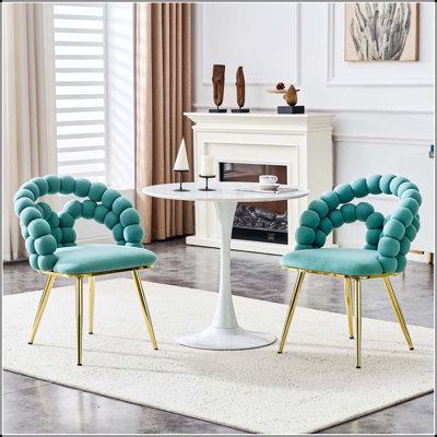 Teal Puffy Bubble Chair with Ball Chain Back & Gold Legs - Set of 2
