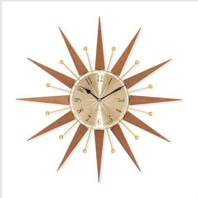 Acctim Wolcott Large Wall Clock Sunburst Quartz Mid-century Metal & Wooden Spoke Dark Wood 50cm