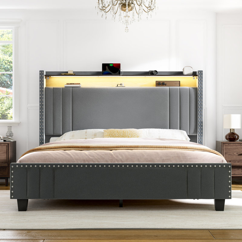 Hudepohl Upholstered Wingback Bed with 52.12" High Storage Headboard, Modern Upholstered Bed Frame with Outlet & LED Light