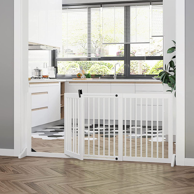 Free Standing Pet Gate With Door, Light Wood