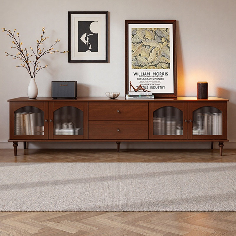 Rubberwood TV Stand with Cabinets & Drawers, 21.65”H x 94.48”L x 15.75”W