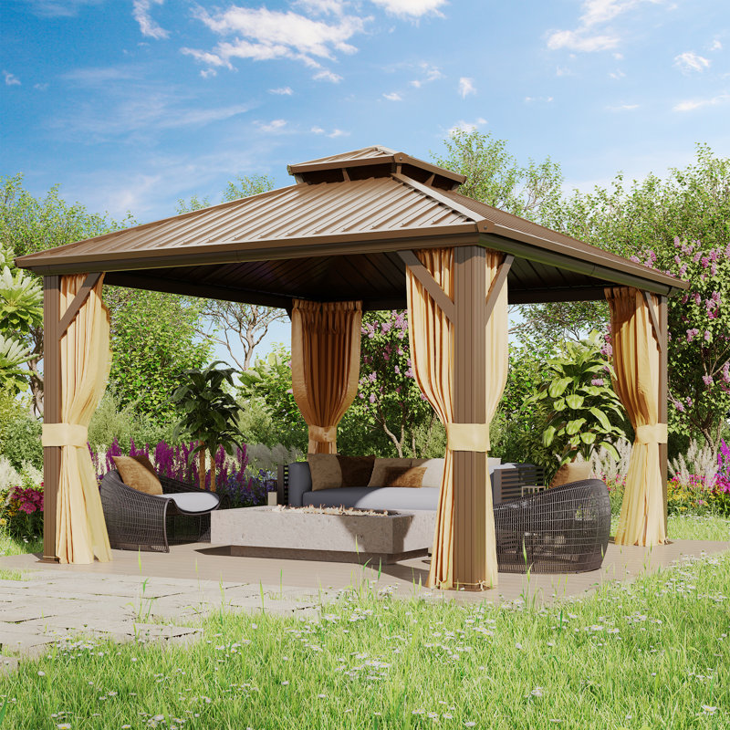 EROMMY Aluminum Hardtop Gazebo, Double Galvanized Steel Roof, All-Weather Permanent Pavilion, Outdoor Canopy with Curtains and Netting, Designed for Hot Tub, Deck,  Backyard