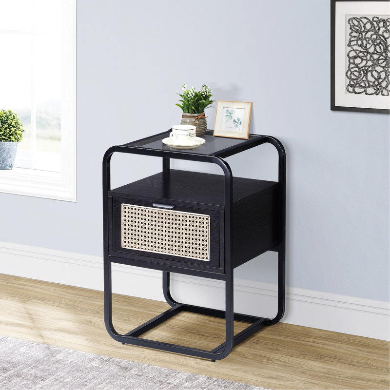 Table d'appoint noire avec tiroir à fonctionnement en douceur et surface en verre trempé moderne