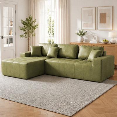 Canapé-lit de coin en similicuir avec méridienne à compression, canapé modulaire en L avec éponge haute densité, canapé convertible sans assemblage requis pour le salon, appartement, chambre d'amis (vert)