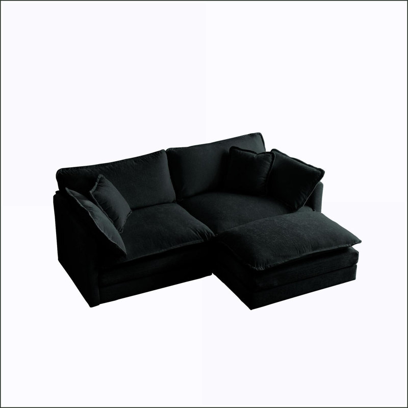 Canapé modulaire, canapé en L 2 places avec repose-pieds, causeuse modulaire pour petits espaces | Noir | Chenille