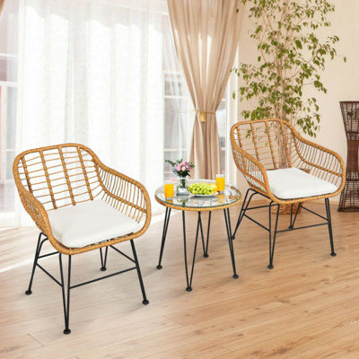 Brookley 3pcs Patio Rattan Bistro Set Coffee Table Armchair Garden Red Cushion by Corrigan Studio