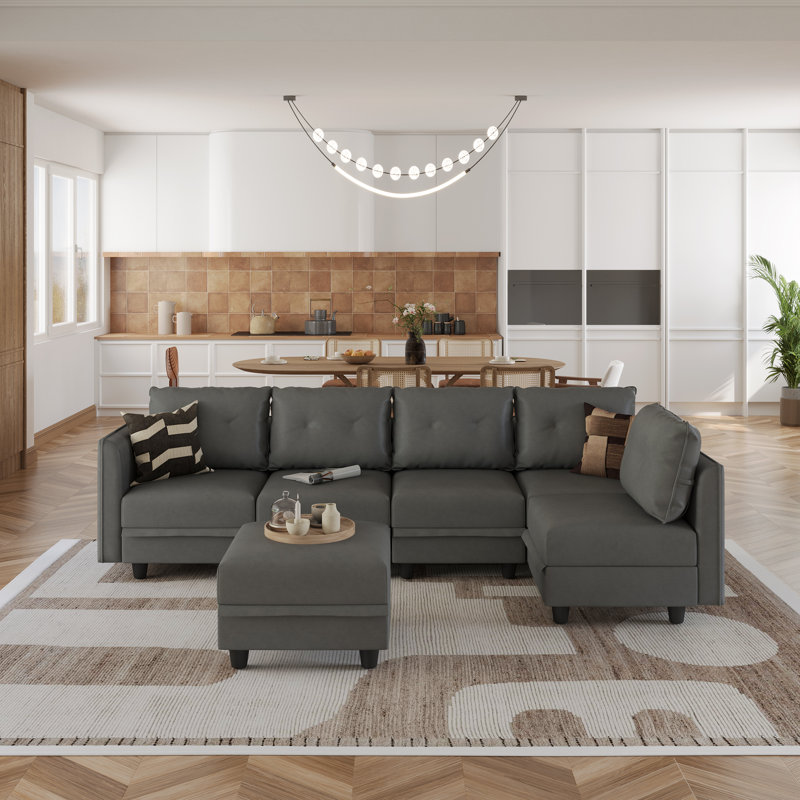 Canapé modulaire réversible avec repose-pieds Bresee, Similicuir gris, H 34 po x l 112 po x P 56 po