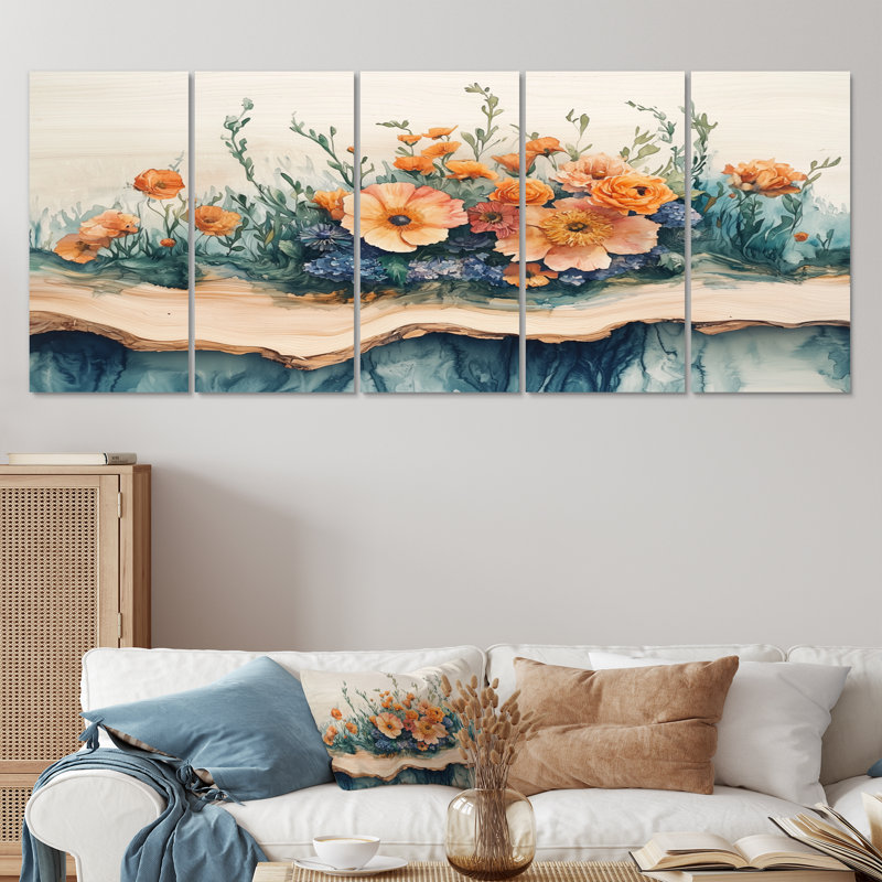 Gidney - Assortiment de bouquets muraux - Art mural traditionnel pour le salon, H 32 po x l 80 po, 5