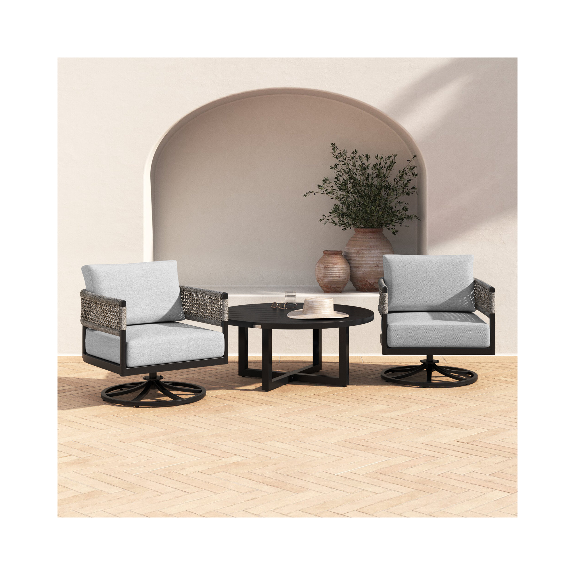 Scotia 3 Piece Patio Outdoor Swivel Seating Set In Black Aluminum With Grey Rope And Cushions