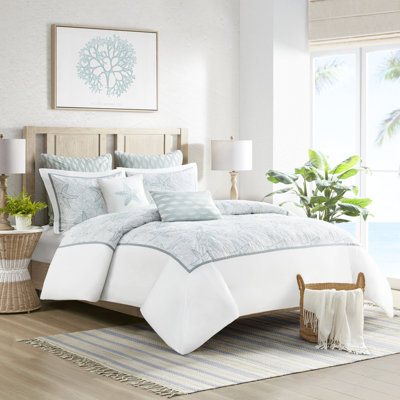 Full/queen Duvet Cover - 100% Cotton For Seaside Cottages, Dark And Sand Dollar Embroidery, Button Closure, 4 Inner Ties, , 2 Standard Shams Mini Embroidery Ocean Views, Excludes Insert,