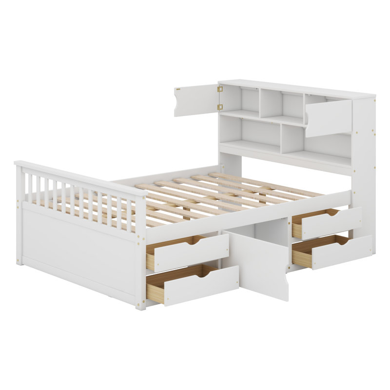 Platform Bed Frame With Storage Bookcases And Shelves,Four Drawers, White