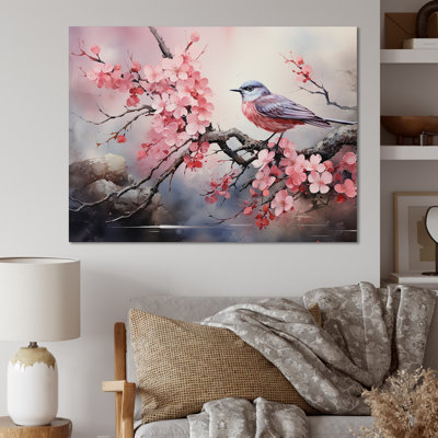 Oiseaux roses et bleus sur un arbre en fleurs de cerisier III - Art mural oiseau