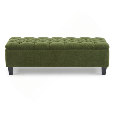 Ottoman Bench with Storage, Green Boucle Surface, Rubber Wood Legs, 300 lbs Capacity