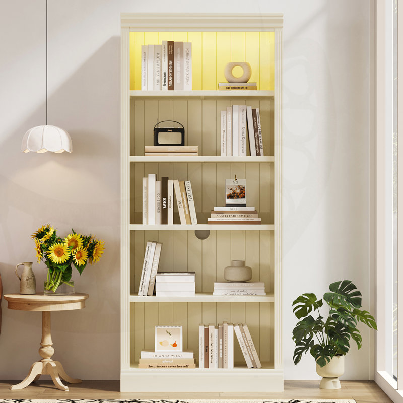 Bibliothèque de 83,4 po de hauteur avec bande lumineuse, Beige, jaune