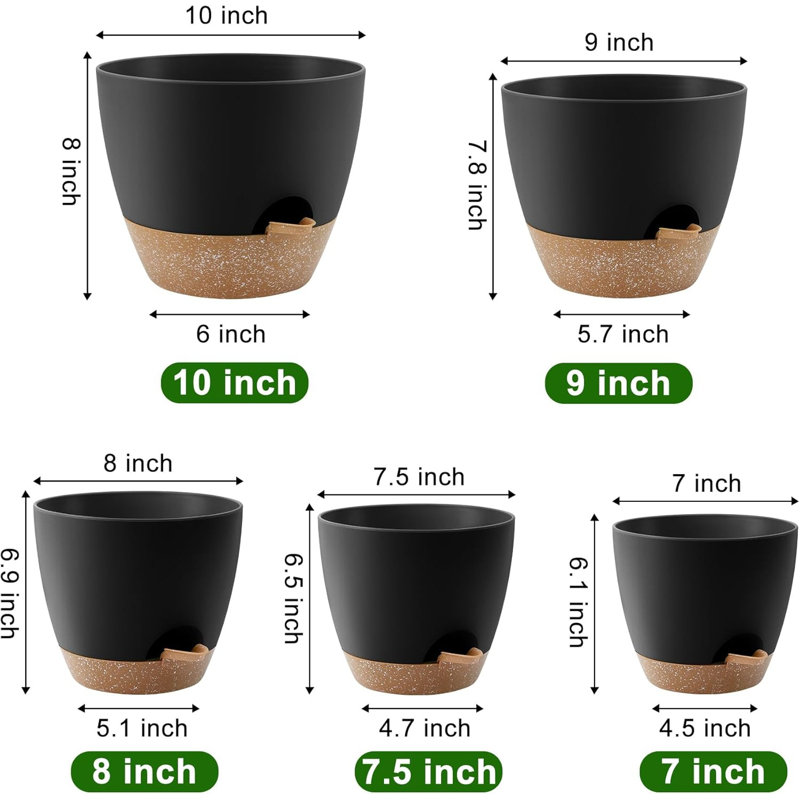 Ensemble de 5 pots à fleurs en plastique avec soucoupes noires et noires