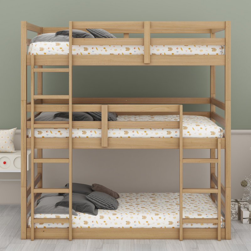 Detachable 3-Tier Bunk Bed Featuring Dual Staircases And Safety Guardrails, White Oak