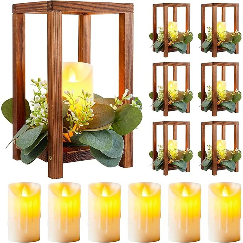 12 Pcs/6 Set Wooden Wedding Lantern Centerpiece Include 6 Lantern Candle Holder 6 Flameless LED Candle for Rustic Wedding Table Party Baby Shower Farmhouse Decor(No Wreathes)
