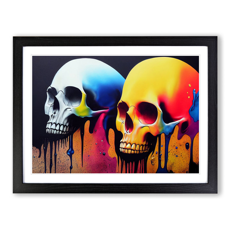 Dripping Paint Skulls - Single Picture Frame Painting, Black, 25cm H x 34cm W x 2cm D