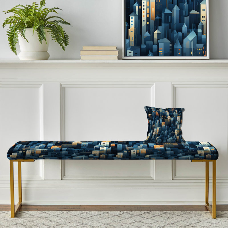 Motif de paysage urbain beige et bleu - Banc rembourré géométrique doré