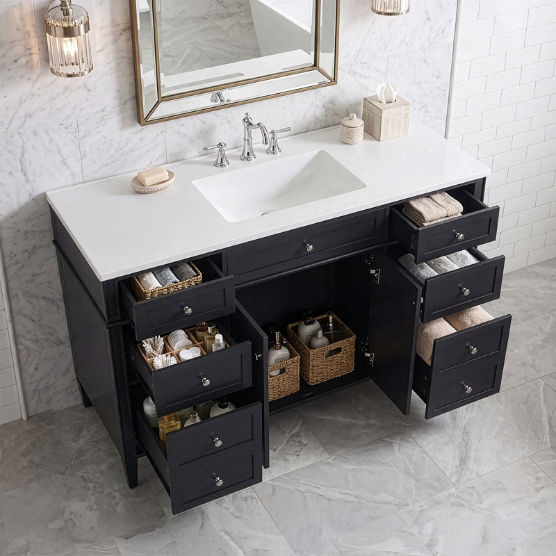 Meuble-lavabo autoportant de 122 cm (48 po) avec comptoir en composite, 6 tiroirs et 2 portes à fermeture amortie, noir, Noir