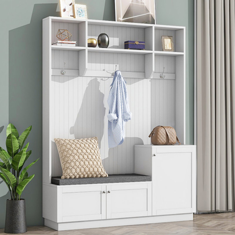 Portemanteau élégant avec des solutions de confort et de rangement, armoire à chaussures fonctionnelle avec banc et coussin, portemanteau moderne avec crochets pour les entrées