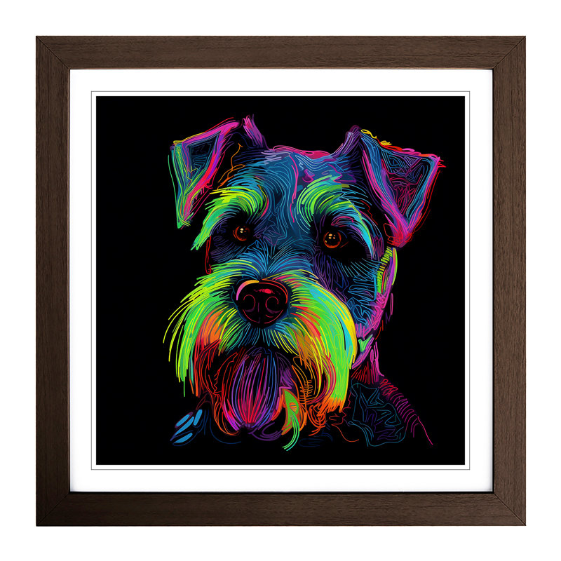 Schnauzer Neon - Single Picture Frame Square Print on Wood, Walnut