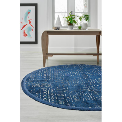 Crystallee Blue Moroccan Machine Made Cotton Polyester Non-Slip Area Rug