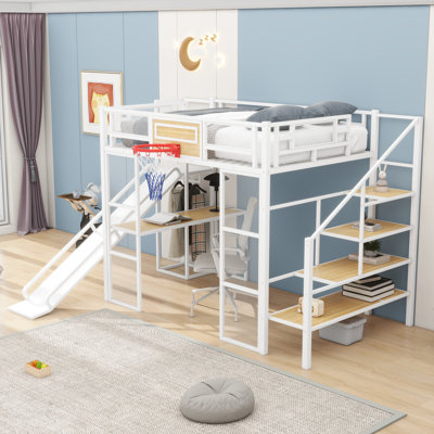 Full Metal Loft Bed With Basketball And Hoop Desk And Slide And Stairs