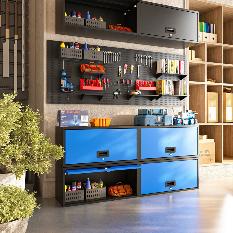 Heavy Duty Wall Storage Cabinet with Sliding Up-Flip Door Floating Tool Cabinet for Kitchen, Basement, Warehouse, Blue/Black