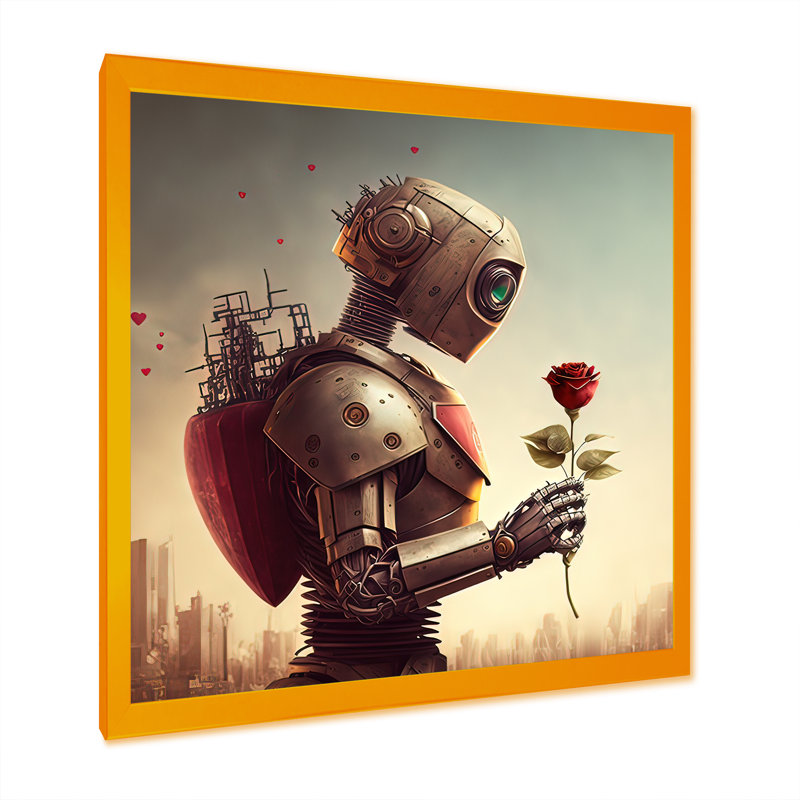 «Robot in Love at Valentines Day I», impression sur toile, H 36 po x l 36 po x P 1,5 po, Impression dorée sur toile encadrée