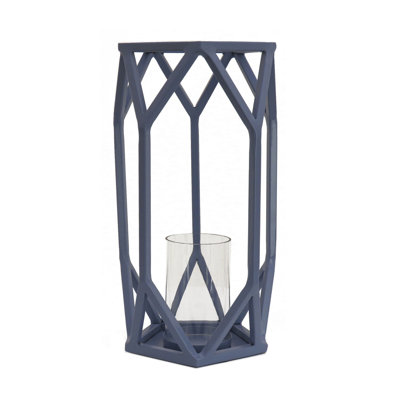 Lanterne à bougie 14 po, lanterne en acier thermolaqué bleu poudré avec cheminée en verre, porte-bougie intérieur / extérieur