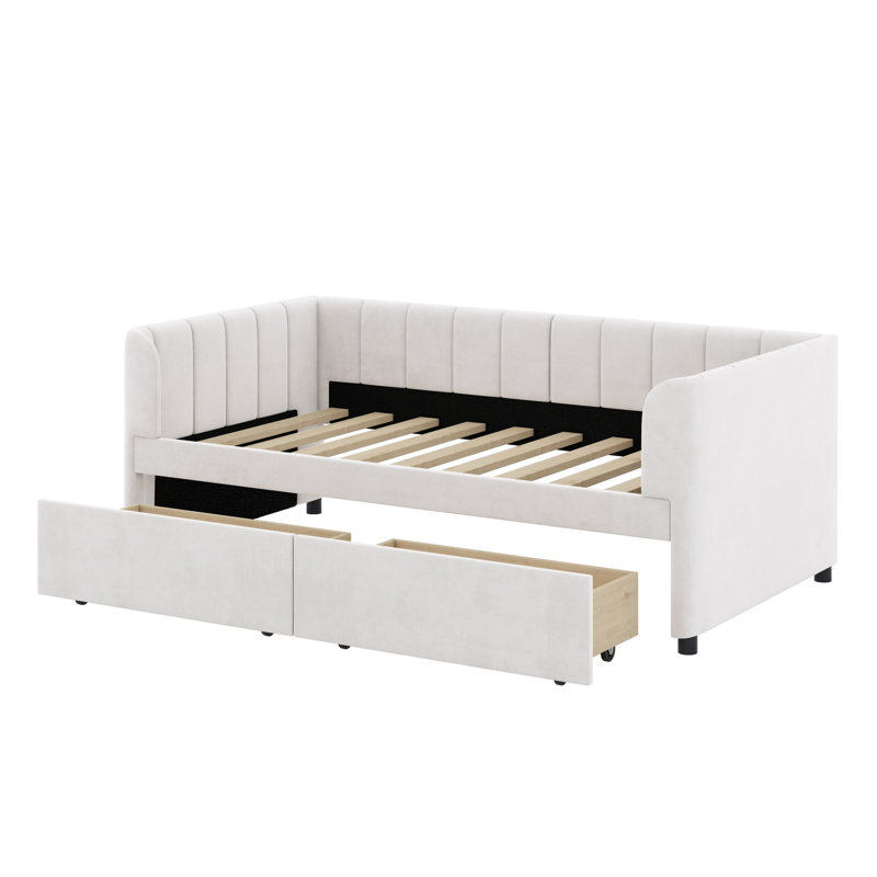 Lit de jour rembourré avec dossier ergonomique et tiroirs, Beige