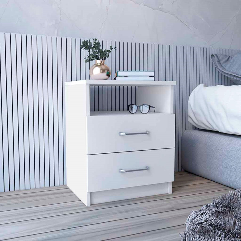 Table de chevet, deux tiroirs, une tablette, finition blanche