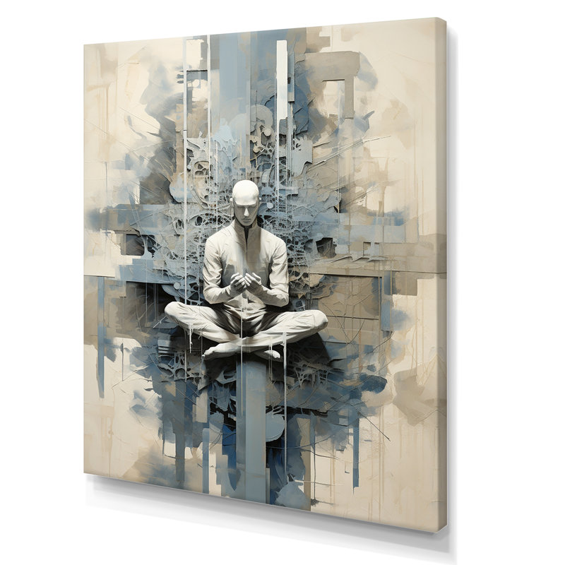 Abstrait médiation de yoga abstrait bleu et blanc sur toile, Toile tendue, 32" H x 16" W