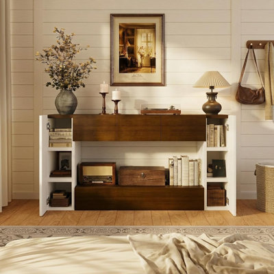 63-Inch Farmhouse TV Stand for TVs up to 70" - White Entertainment Center with Open Storage, Drawers & Hidden Cabinets - Living Room & Bedroom Media Console