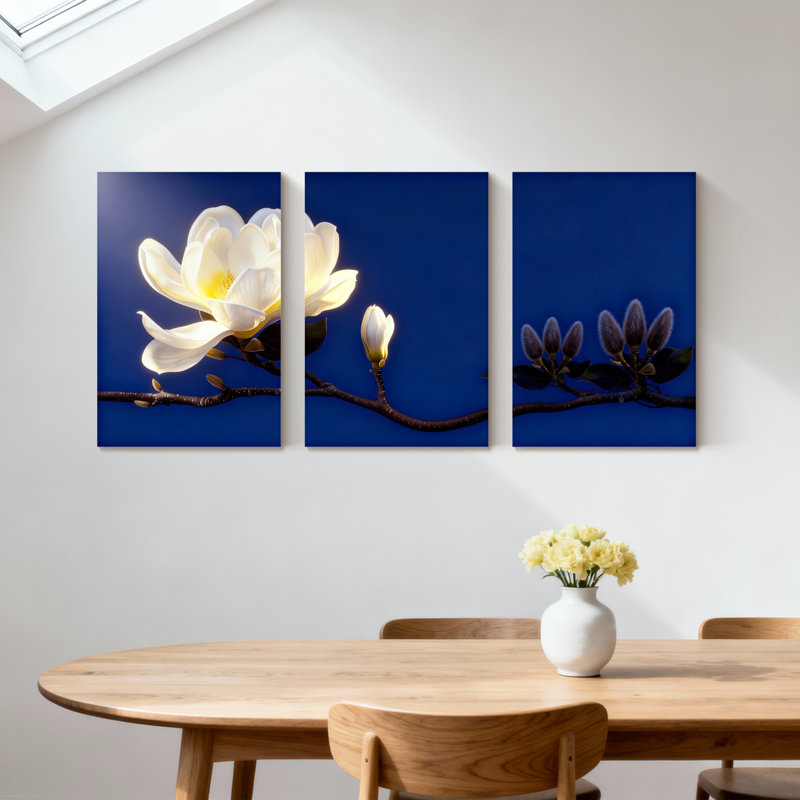 Magnolia blanc sur fond bleu, ensemble de 3 impressions d'art sur toile, H 24 po x l 48 po