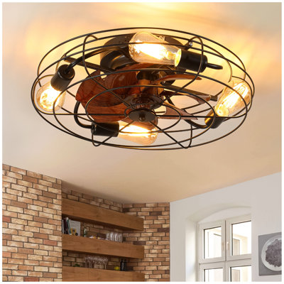 Caged Ceiling Fan With Light, 20'' Farmhouse Low Profile Ceiling Fan Lights With Remote Control, Modern Enclosed 4X E26 Bulb Ceiling Fans With Reversible Motor Living Room Bedroom Kitchen, Black