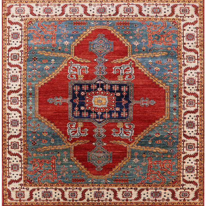 Tapis rouge / ivoire / bleu, Carré 5 pi