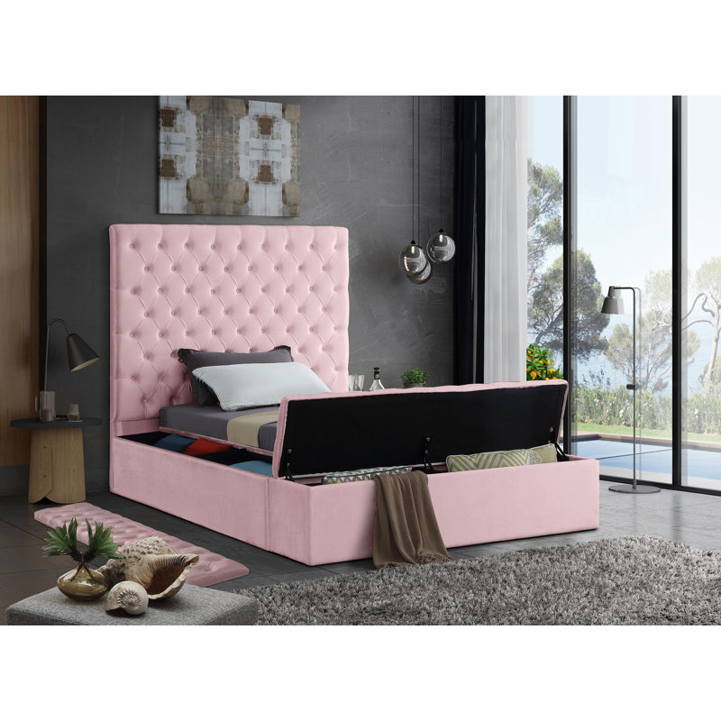 Lit plateforme tapissier avec rangement Johnnay, Simple, Velours rose
