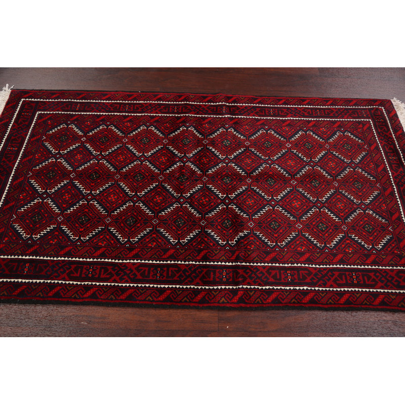 Tapis décoratif en laine de conception unique noué à la main New Age Balouch rouge 3 pi 4 po x 6 pi 2 po