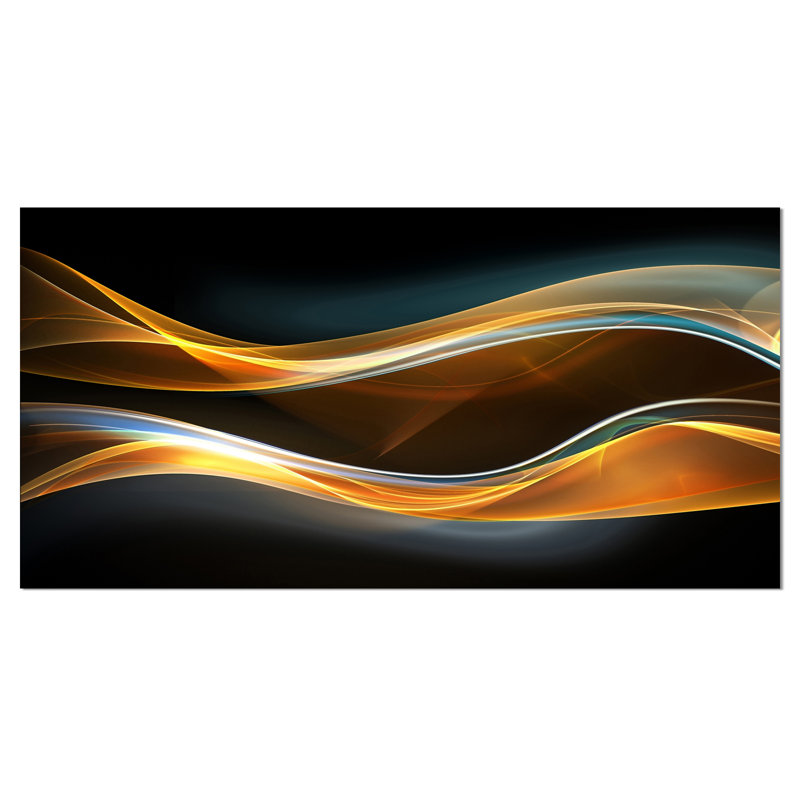 Corwin 3D Gold Waves in Black - Abstract Print, 16" H x 32" W x 1" D, Wrapped Canvas