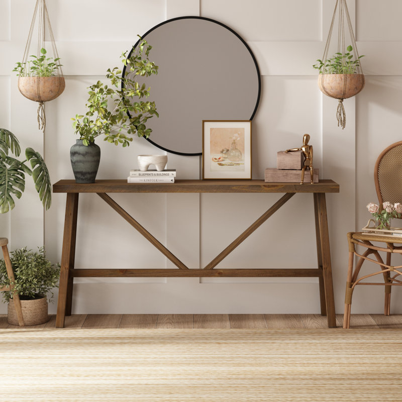 Fawaka 63"W Long Farmhouse Solid Wood Console Table,Natural Color, 31.5" H x 63" W x 13.4" D