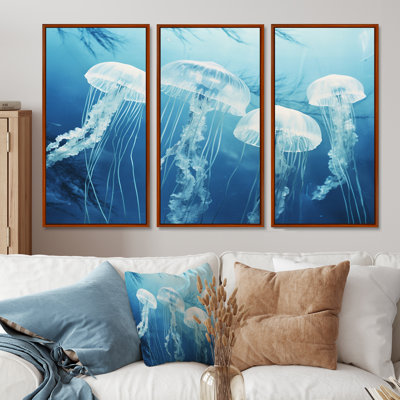 White Jellyfish Floating To Ocean Surface Sunlight - Jellyfish Wall Art Living Room Set