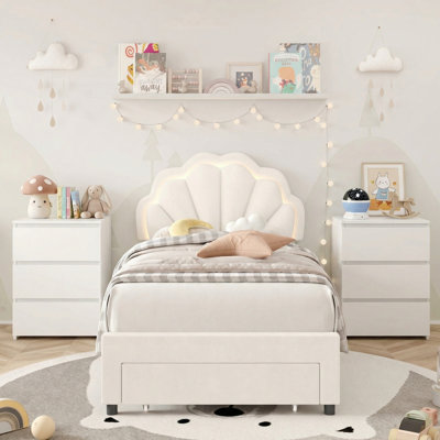 Ensemble de chambre à coucher 3 pièces, lit moderne tapissier à DEL avec tiroir et tables de chevet à 3 tiroirs avec port de charge, cadre de lit simple