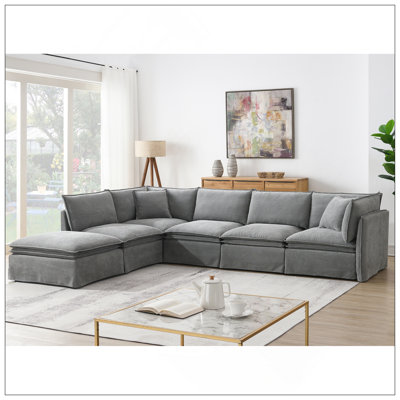 125.5'' Modular Sectional Sofa With Movable Ottoman, 6-Seat L-Shaped Upholstered Indoor Furniture, Wide Seat, Free Combination, Oversized Chenille Sofa For Living Room & Apartment