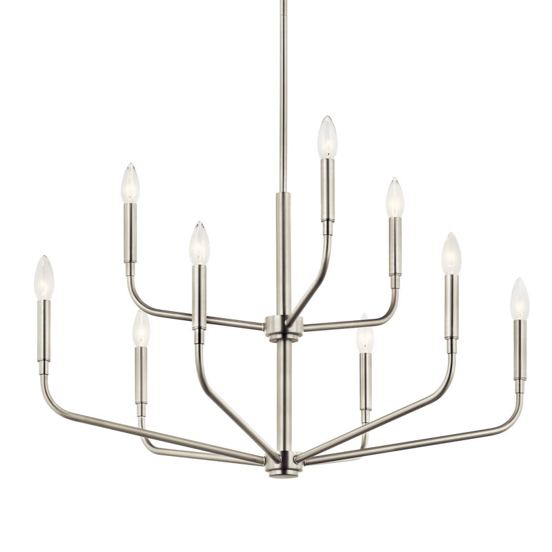 Lustre classique / traditionnel en acier à 9 lumières à intensité variable , Nickel brossé