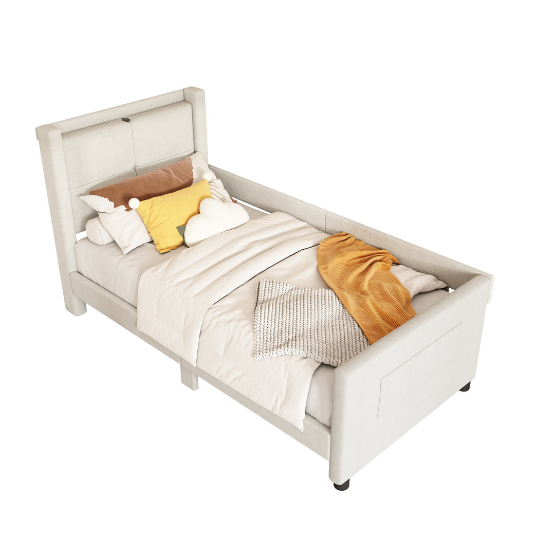 Flachbett Gepolstert Mit Usb-anschluss, Minimalistisches Design, Beige