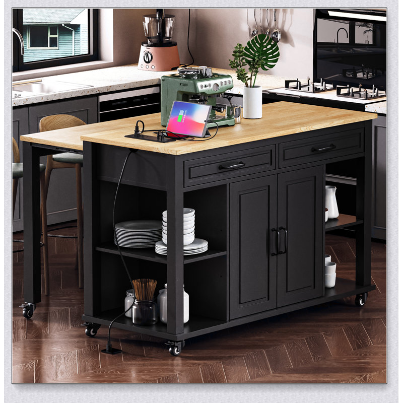 47 Inch Extendable Kitchen Island with Dining Table, Internal Storage, and Power Outlet for Modern Kitchens