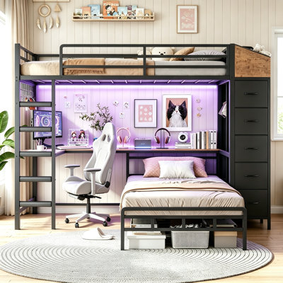 Bunk Bed with L Desk and Storage Hall Tree LED Metal Platform Captain Bed Double Twin Size Bedroom Space Saving Kids Bed